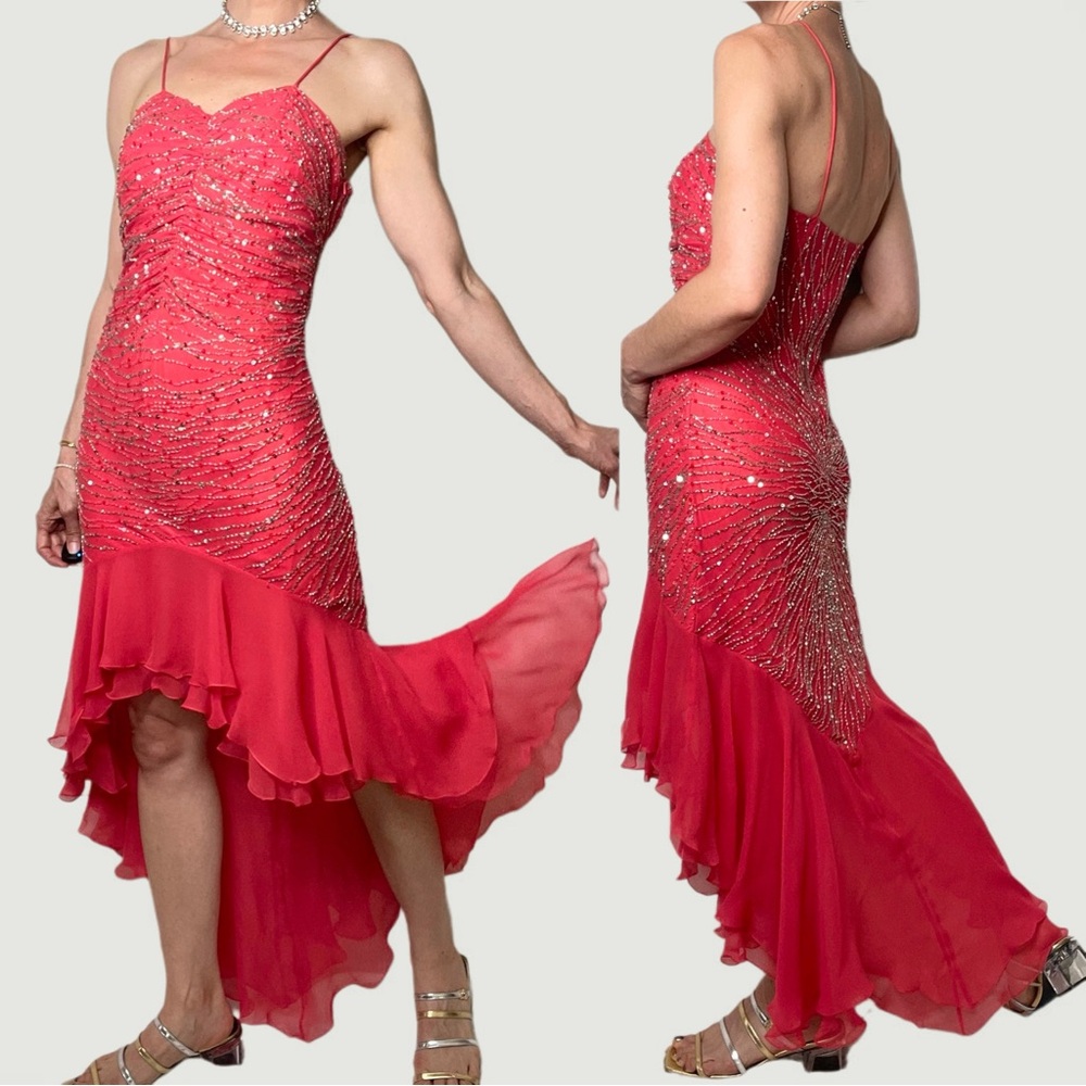 Scala prom dress coral pink 100% silk ruffle hem slip gown beaded sequin formal